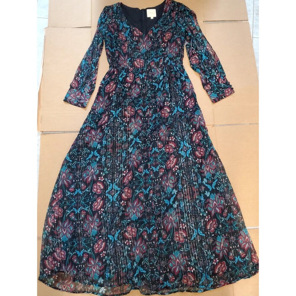 Modcloth Turquoise Maxi Dress Sz Lg Floral Long Sleeve Flowing Dress
